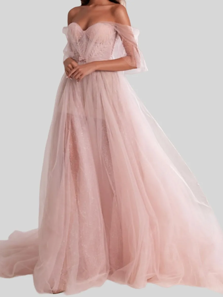 Robe de soirée trapèze sans bretelles en tulle avec nœuds de train robes de soirée sociale