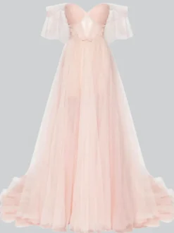 Robe de soirée trapèze sans bretelles en tulle avec nœuds de train robes de soirée sociale