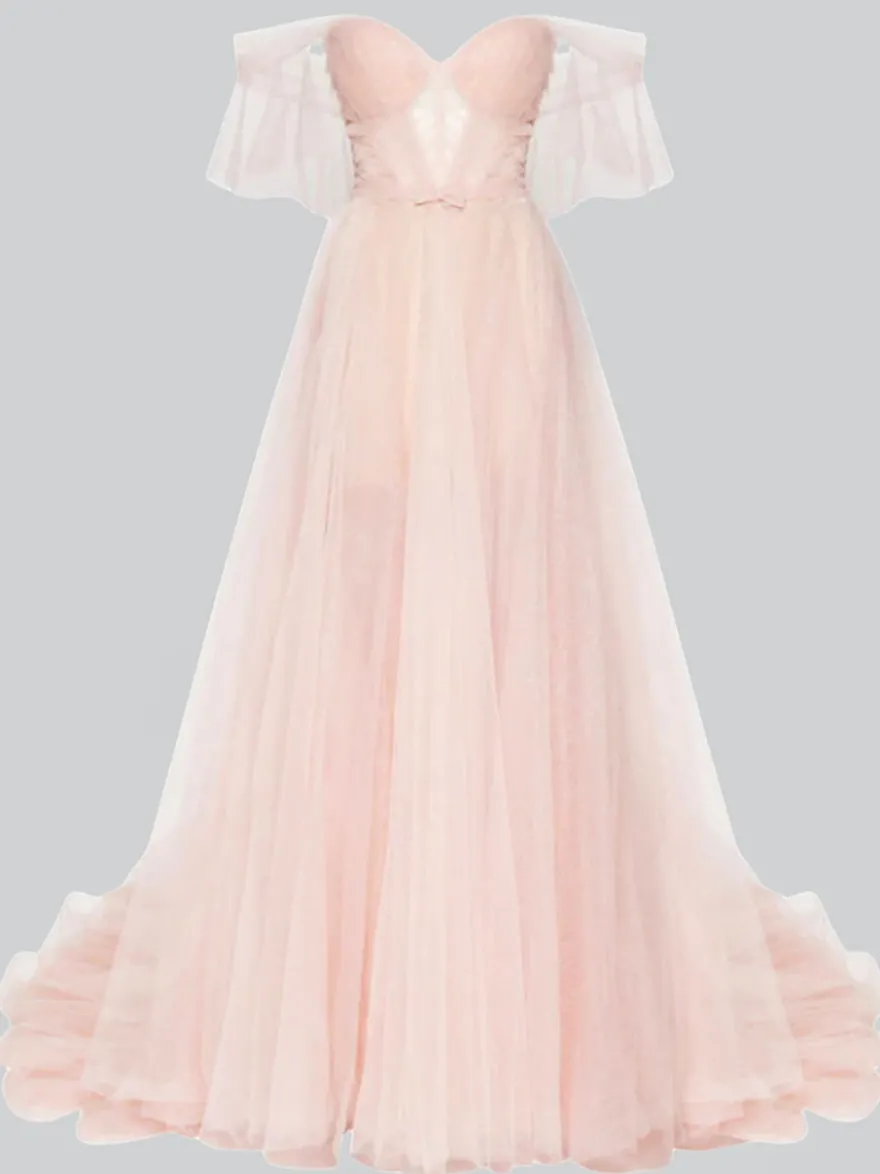 Robe de soirée trapèze sans bretelles en tulle avec nœuds de train robes de soirée sociale