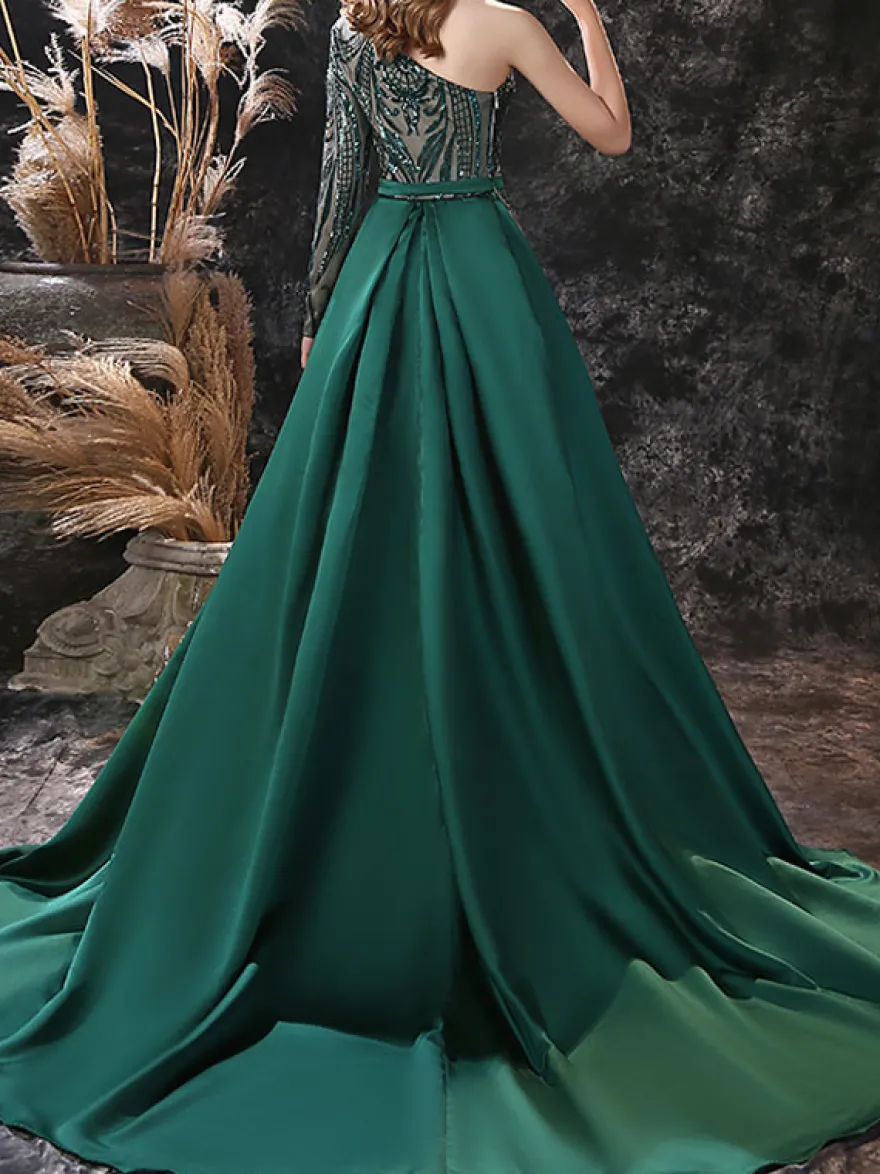 Robe de soirée verte foncé en dentelle à une épaule paillete à zip latéral à traîne robe de cérémonie