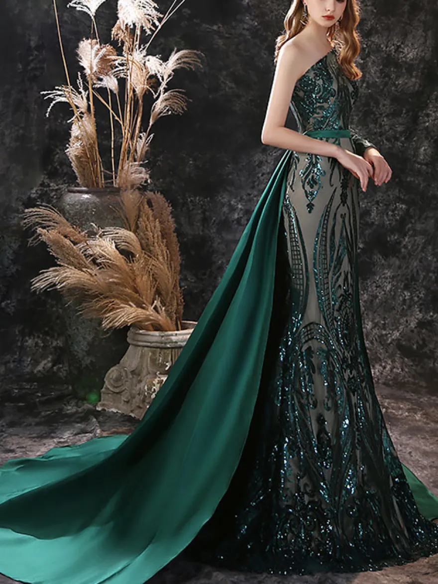 Robe de soirée verte foncé en dentelle à une épaule paillete à zip latéral à traîne robe de cérémonie