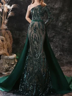 Robe de soirée verte foncé en dentelle à une épaule paillete à zip latéral à traîne robe de cérémonie