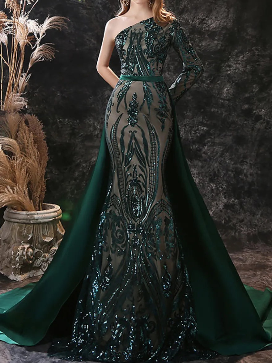 Robe de soirée verte foncé en dentelle à une épaule paillete à zip latéral à traîne robe de cérémonie