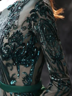 Robe de soirée verte foncé en dentelle à une épaule paillete à zip latéral à traîne robe de cérémonie