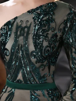 Robe de soirée verte foncé en dentelle à une épaule paillete à zip latéral à traîne robe de cérémonie