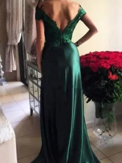 Robe de soirée verte foncé en satin stretch jupe fendue à traîne Robe cérémonie