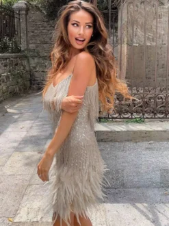 Robe de soirée vert foncé à bretelles franges au col sans manches dos nu en polyester sexy