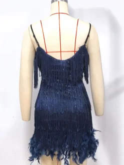 Robe de soirée vert foncé à bretelles franges au col sans manches dos nu en polyester sexy