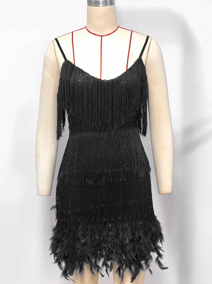 Robe de soirée vert foncé à bretelles franges au col sans manches dos nu en polyester sexy