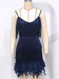 Robe de soirée vert foncé à bretelles franges au col sans manches dos nu en polyester sexy