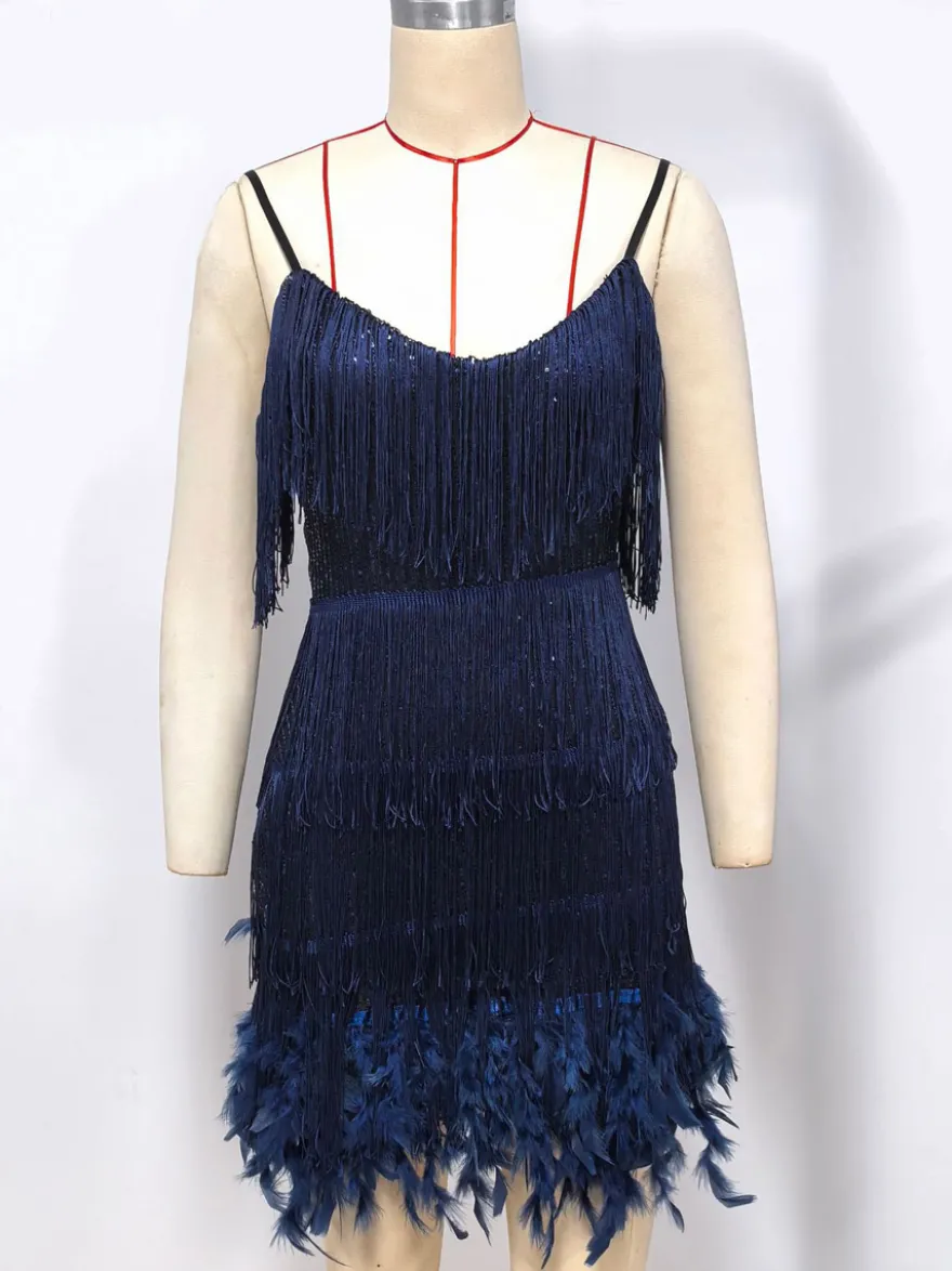 Robe de soirée vert foncé à bretelles franges au col sans manches dos nu en polyester sexy