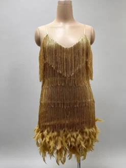 Robe de soirée vert foncé à bretelles franges au col sans manches dos nu en polyester sexy