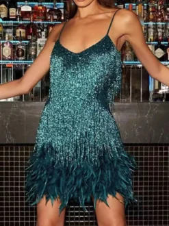 Robe de soirée vert foncé à bretelles franges au col sans manches dos nu en polyester sexy