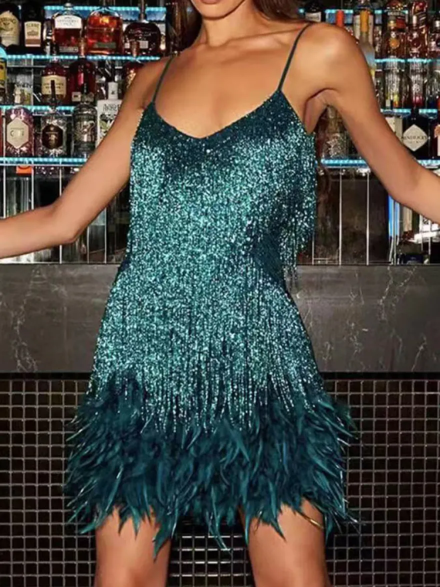Robe de soirée vert foncé à bretelles franges au col sans manches dos nu en polyester sexy