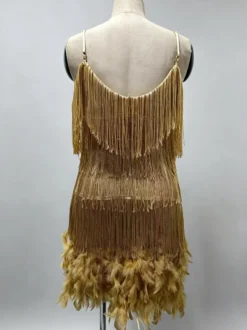 Robe de soirée vert foncé à bretelles franges au col sans manches dos nu en polyester sexy