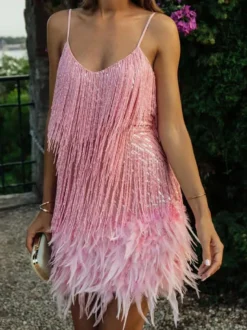 Robe de soirée vert foncé à bretelles franges au col sans manches dos nu en polyester sexy