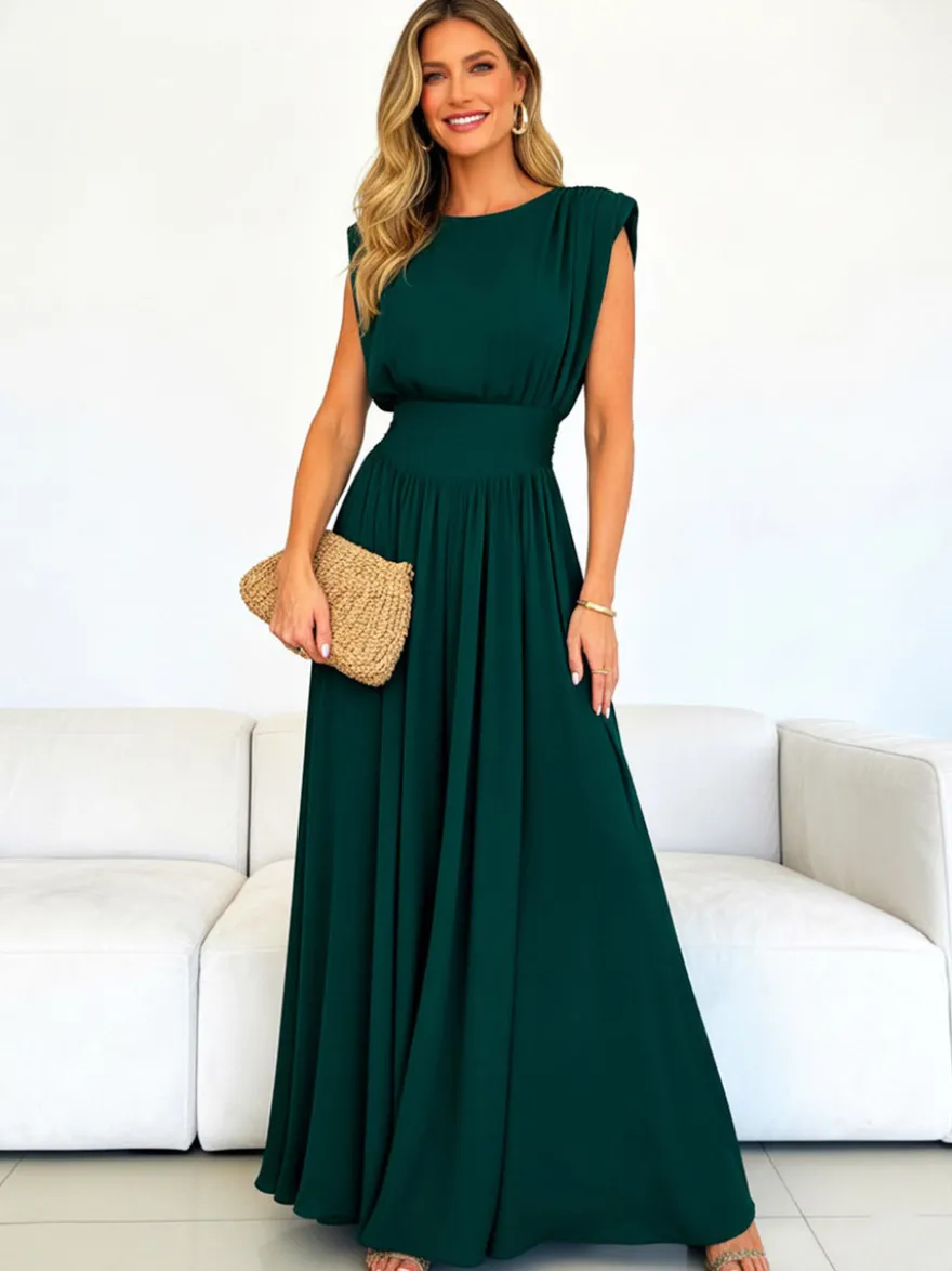 Robe de soirée vert émeraude cintrée et élégante avec jupe plissée parfaite pour les événements formels.