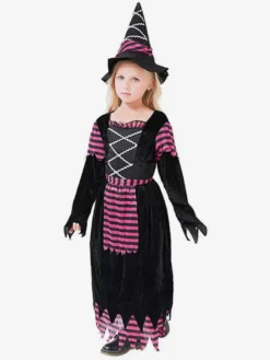 Robe de sorcière violette à rayures pour filles déguisement d'Halloween avec chapeau assorti tenue de cosplay d'Halloween pour enfants