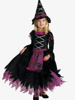 Robe de sorcière violette à rayures pour filles déguisement d'Halloween avec chapeau assorti tenue de cosplay d'Halloween pour enfants