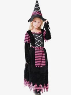 Robe de sorcière violette à rayures pour filles déguisement d'Halloween avec chapeau assorti tenue de cosplay d'Halloween pour enfants