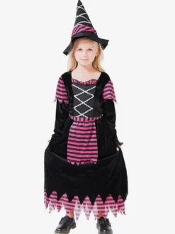 Robe de sorcière violette à rayures pour filles déguisement d'Halloween avec chapeau assorti tenue de cosplay d'Halloween pour enfants