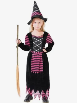 Robe de sorcière violette à rayures pour filles déguisement d'Halloween avec chapeau assorti tenue de cosplay d'Halloween pour enfants