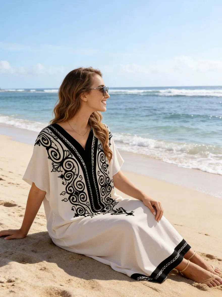 Robe de vacances blanche décontractée à manches courtes et imprimé col en V style oversize