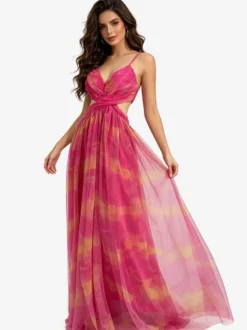 Robe de vacances à bretelles spaghetti élégante robe de soirée maxi orange fluide en mousseline de soie robe de soirée longue