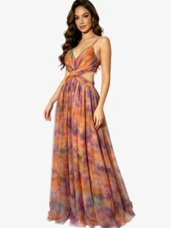 Robe de vacances à bretelles spaghetti élégante robe de soirée maxi orange fluide en mousseline de soie robe de soirée longue