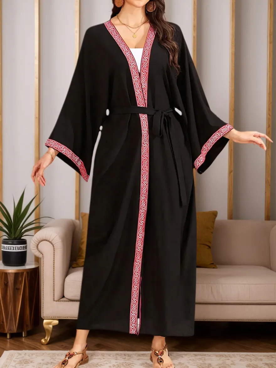 Robe de vacances dorée décontractée à imprimé manches longues et ceinture à volants