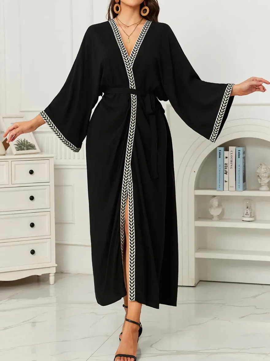 Robe de vacances dorée décontractée à imprimé manches longues et ceinture à volants