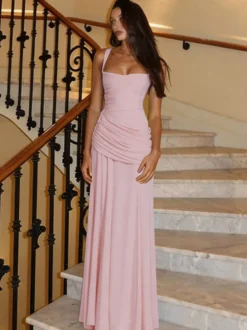 Robe de vacances jaune crème à fronces robe maxi élégante pour femme style soirée