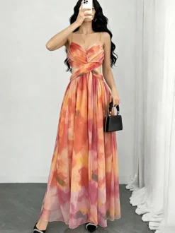 Robe de vacances maxi croisée sans manches à imprimé floral bretelles et col chic orange