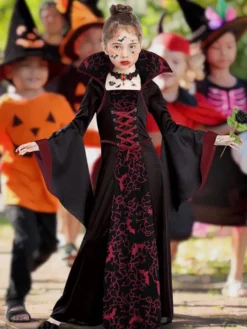 Robe de vampire médiévale pour fille style gothique victorien cosplay enfant 6 pièces