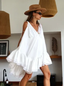 Robe d'été blanche chic et élégante pour femme mini sans manches dos nu et col en V style Daily Dresses