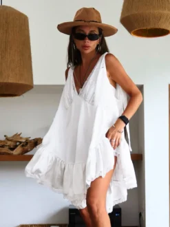 Robe d'été blanche chic et élégante pour femme mini sans manches dos nu et col en V style Daily Dresses