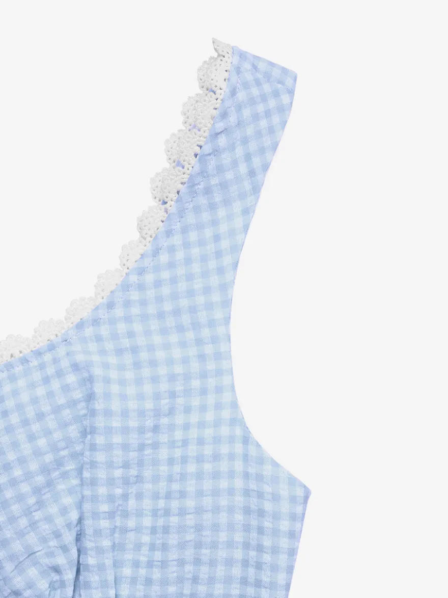 Robe d'été bleue mini à lacets sans manches et dos nu longueur genou idéale pour une soirée en amoureux