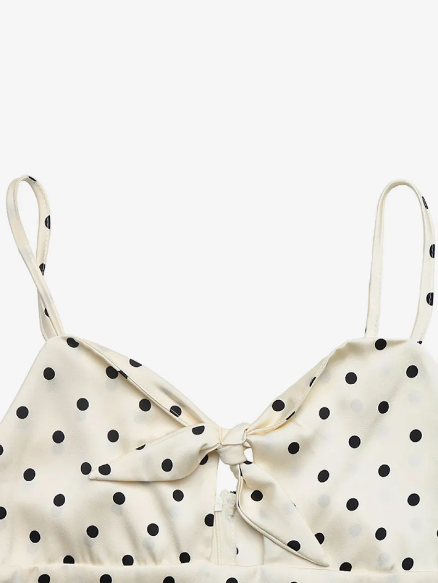 Robe d'été fluide à pois crème débardeur maxi nœud devant