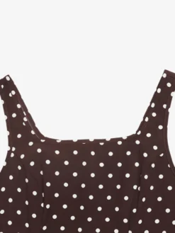 Robe d'été longue à pois marron bretelles spaghetti coupe fluide style évasé.