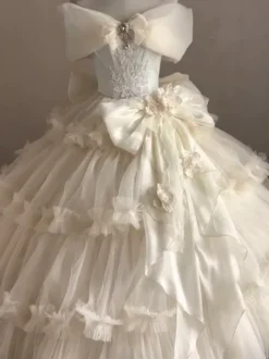 Robe Fairy Lolita Champagne à nœud sur le devant épaules dénudées style tea party.