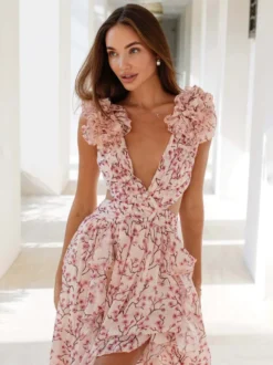 Robe fleurie fluide décolleté plongeant fente haute dos nu maxi robe bohème