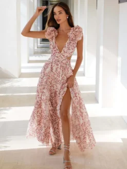 Robe fleurie fluide décolleté plongeant fente haute dos nu maxi robe bohème