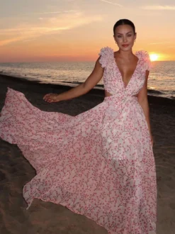 Robe fleurie fluide décolleté plongeant fente haute dos nu maxi robe bohème