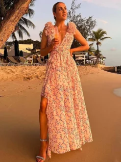 Robe fleurie fluide décolleté plongeant fente haute dos nu maxi robe bohème