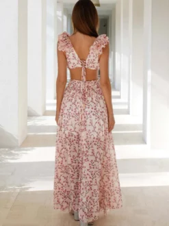 Robe fleurie fluide décolleté plongeant fente haute dos nu maxi robe bohème