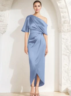 Robe fourreau plissée pour mère asymétrique épaule dénudée demi-manches robes d'invitées pour mariage