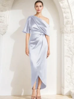 Robe fourreau plissée pour mère asymétrique épaule dénudée demi-manches robes d'invitées pour mariage