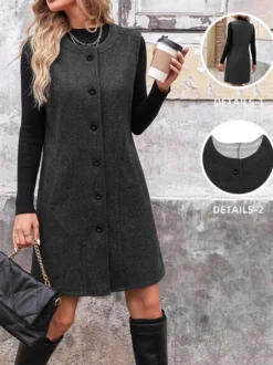Robe-gilet midi sans manches en laine mélangée gris foncé col rond boutons sur le devant style décontracté