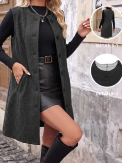 Robe-gilet midi sans manches en laine mélangée gris foncé col rond boutons sur le devant style décontracté