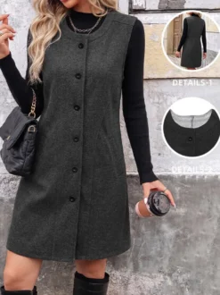 Robe-gilet midi sans manches en laine mélangée gris foncé col rond boutons sur le devant style décontracté